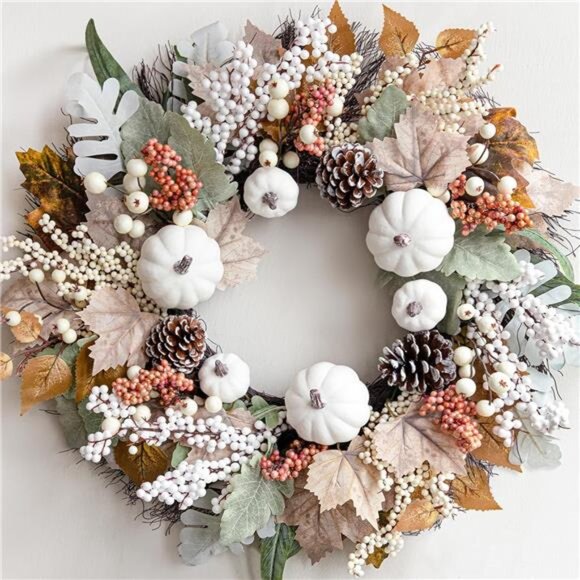 Fall Decor White Wreaths for Front Door - 18 Inch Autumn Maples Leaf Pumpkin - Picture 1 of 6